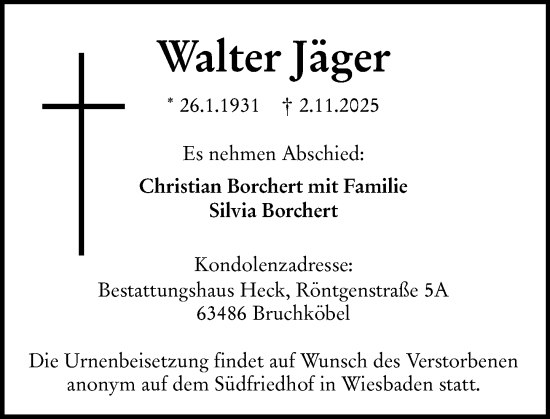 Traueranzeige von Walter Jäger von Wiesbadener Kurier