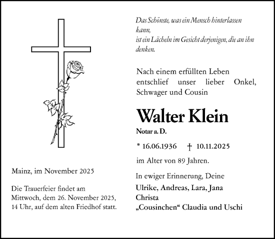 Traueranzeige von Walter Klein von Darmstädter Echo