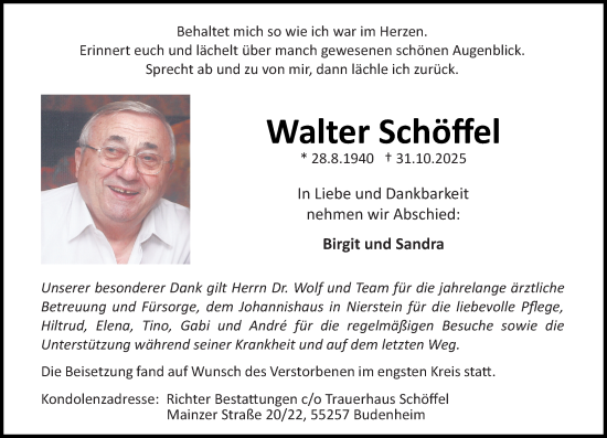 Traueranzeige von Walter Schöffel von Allgemeine Zeitung Mainz