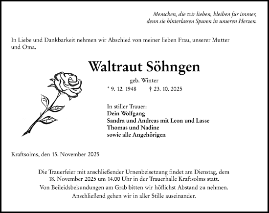 Traueranzeige von Waltraut Söhngen von Wetzlarer Neue Zeitung