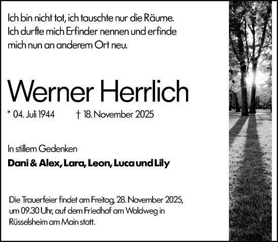 Traueranzeige von Werner Herrlich von Rüsselsheimer Echo