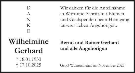 Traueranzeige von Wilhelmine Gerhard von Allgemeine Zeitung Rheinhessen-Nahe