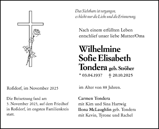 Traueranzeige von Wilhelmine Sofie Elisabeth Tondera von Darmstädter Echo