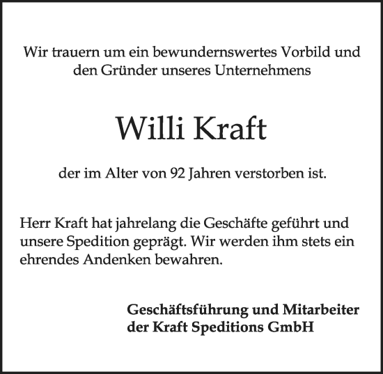 Traueranzeige von Willi Kraft von Allgemeine Zeitung Mainz
