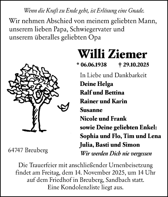 Traueranzeige von Willi Ziemer von Odenwälder Echo