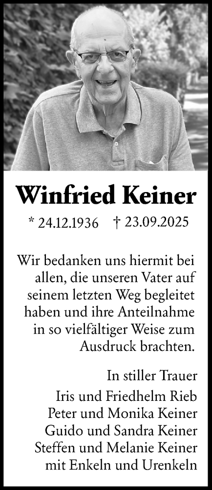 Traueranzeige von Winfried Keiner von Hinterländer Anzeiger