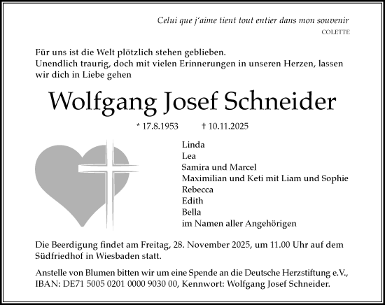 Traueranzeige von Wolfgang Josef Schneider von Wiesbadener Kurier