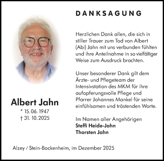 Traueranzeige von Albert Jahn von Allgemeine Zeitung Alzey