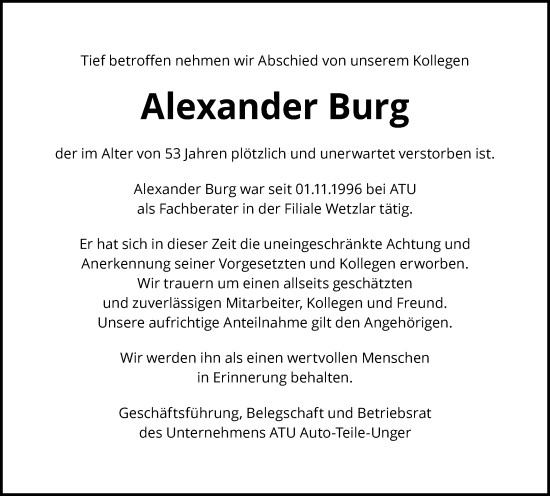 Traueranzeige von Alexander Burg von Wetzlarer Neue Zeitung