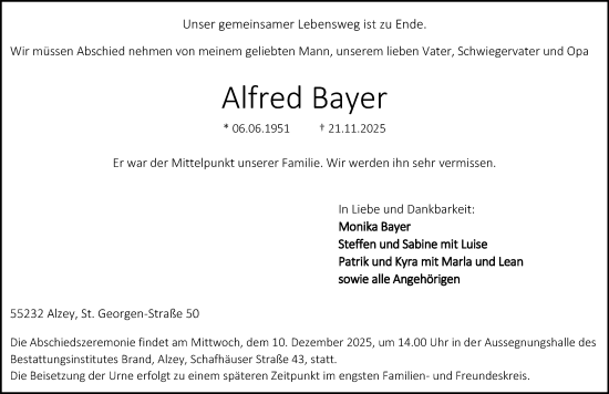 Traueranzeige von Alfred Bayer von Allgemeine Zeitung Alzey