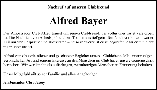 Traueranzeige von Alfred Bayer von Allgemeine Zeitung Alzey