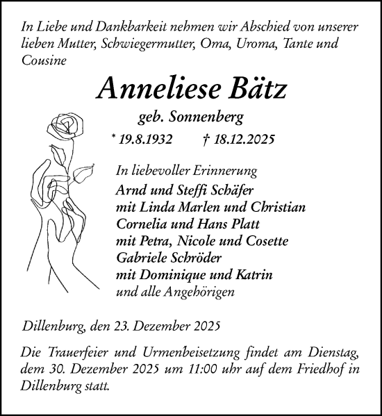 Traueranzeige von Anneliese Bätz von Dill Block