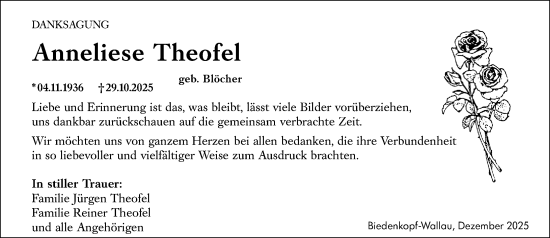 Traueranzeige von Anneliese Theofel von Hinterländer Anzeiger