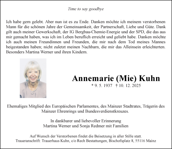 Traueranzeige von Annemarie Kuhn von Allgemeine Zeitung Rheinhessen-Nahe