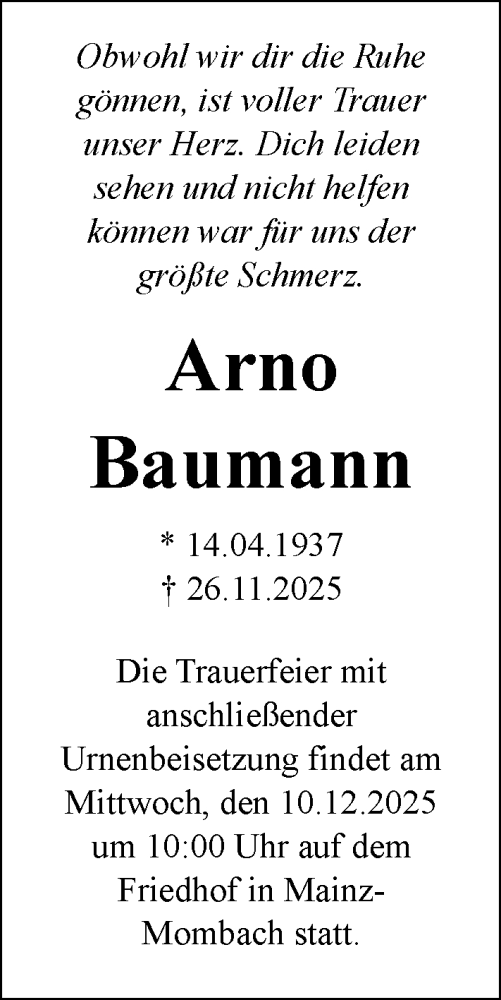 Traueranzeige von Arno Baumann von Allgemeine Zeitung Mainz