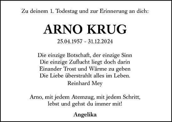 Traueranzeige von Arno Krug von Hinterländer Anzeiger