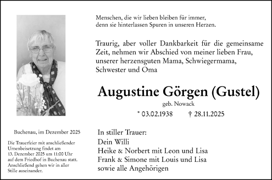 Traueranzeige von Augustine Görgen von Hinterländer Anzeiger