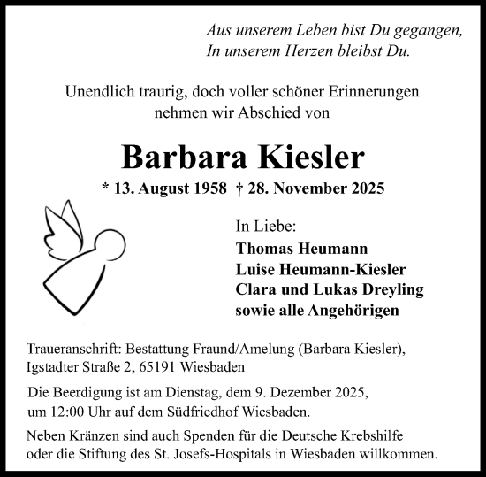 Traueranzeige von Barbara Kiesler von Wiesbadener Kurier