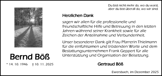 Traueranzeige von Bernd Böß von Dill Block