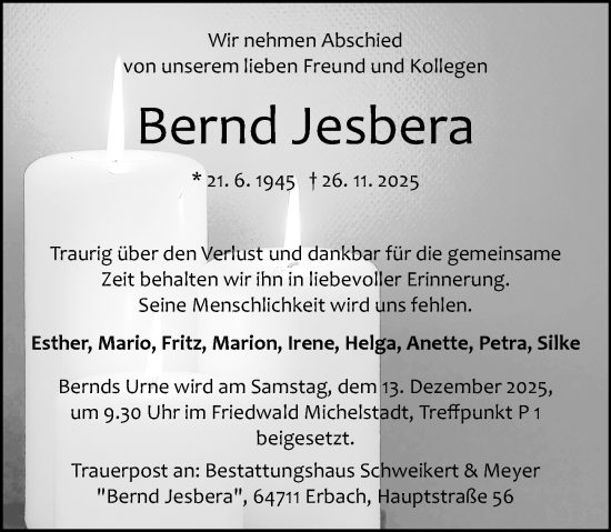 Traueranzeige von Bernd Jesbera von Odenwälder Echo