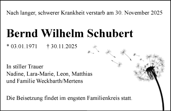 Traueranzeige von Bernd Wilhelm Schubert von Allgemeine Zeitung Mainz