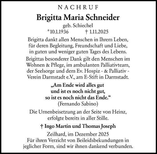 Traueranzeige von Brigitta Maria Schneider von Darmstädter Echo