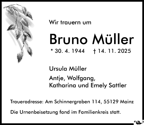 Traueranzeige von Bruno Müller von Allgemeine Zeitung Mainz