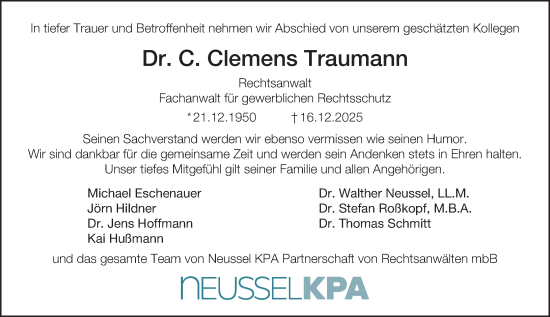 Traueranzeige von C. Clemens Traumann von Allgemeine Zeitung Rheinhessen-Nahe