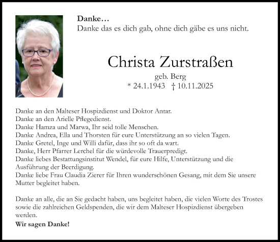 Traueranzeige von Christa Zurstraßen von Allgemeine Zeitung Rheinhessen-Nahe