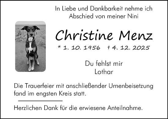 Traueranzeige von Christine Menz von Wetzlarer Neue Zeitung