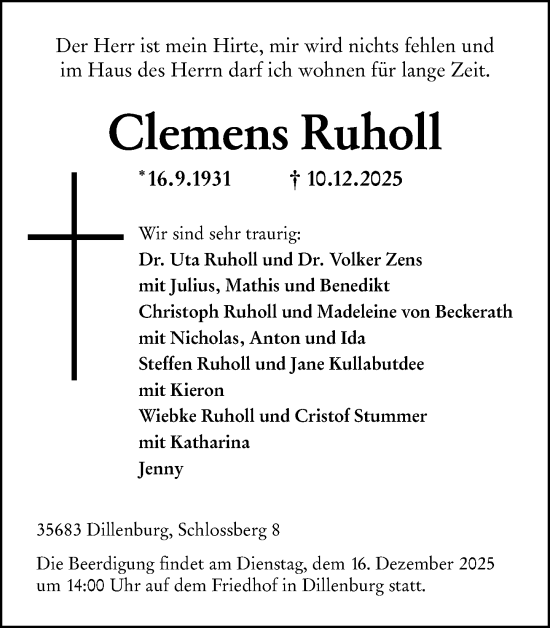 Traueranzeige von Clemens Ruholl von Dill Block