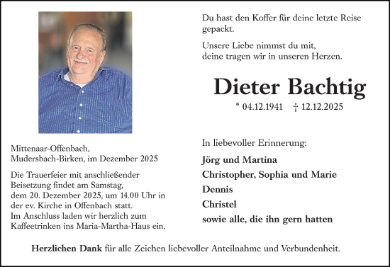 Traueranzeige von Dieter Bachtig von Dill Block