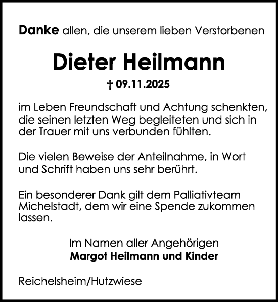 Traueranzeige von Dieter Heilmann von Odenwälder Echo