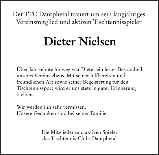 Traueranzeige von Dieter Nielsen von Hinterländer Anzeiger