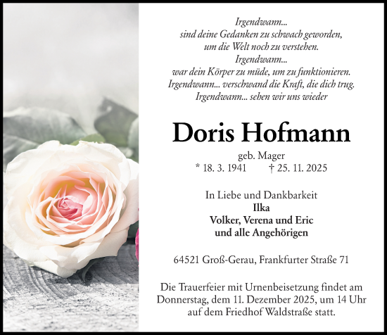 Traueranzeige von Doris Hofmann von Groß-Gerauer Echo