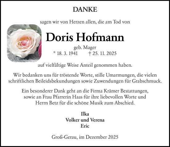 Traueranzeige von Doris Hofmann von Groß-Gerauer Echo