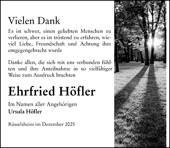 Traueranzeige von Ehrfried Höfler von Rüsselsheimer Echo