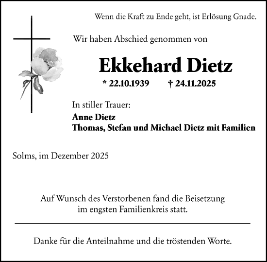 Traueranzeige von Ekkehard Dietz von Wetzlarer Neue Zeitung