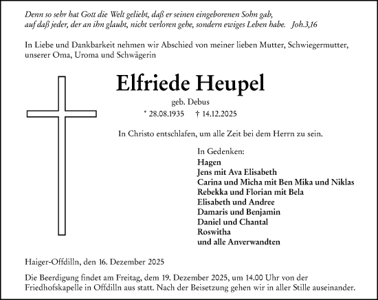 Traueranzeige von Elfriede Heupel von Dill Block