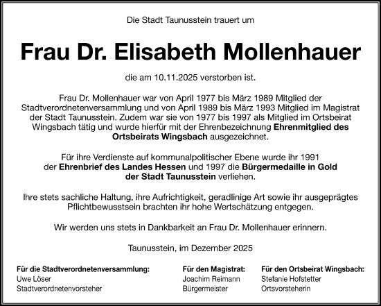 Traueranzeige von Elisabeth Mollenhauer von Idsteiner Land/Untertaunus