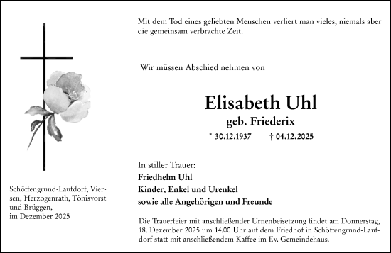 Traueranzeige von Elisabeth Uhl von Wetzlarer Neue Zeitung