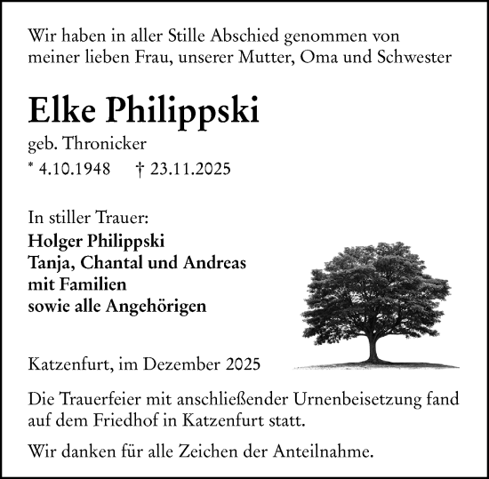 Traueranzeige von Elke Philippski von Wetzlarer Neue Zeitung