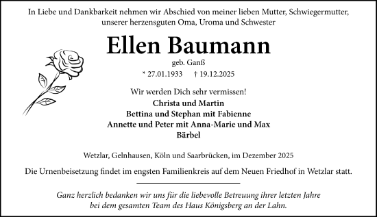 Traueranzeige von Ellen Baumann von Wetzlarer Neue Zeitung