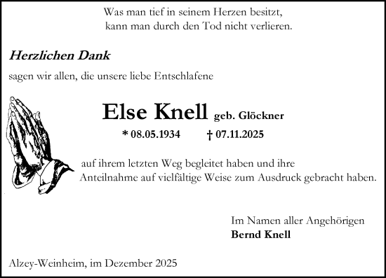 Traueranzeige von Else Knell von Allgemeine Zeitung Alzey