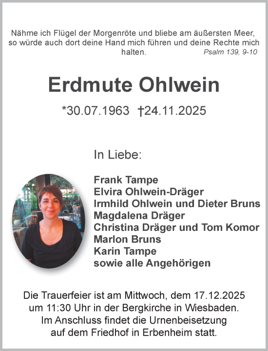 Traueranzeige von Erdmute Ohlwein von Wiesbadener Kurier