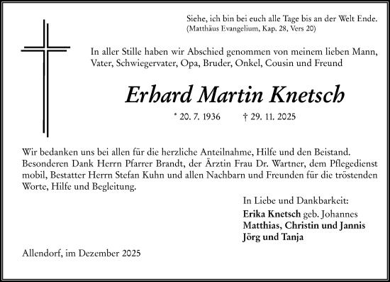 Traueranzeige von Erhard Martin Knetsch von Wetzlarer Neue Zeitung