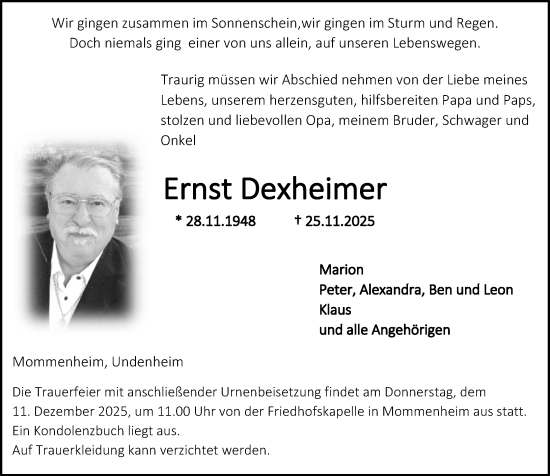 Traueranzeige von Ernst Dexheimer von Allgemeine Zeitung Mainz