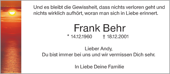 Traueranzeige von Frank Behr von Wiesbadener Kurier