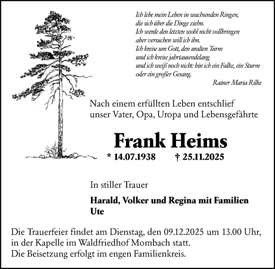 Traueranzeige von Frank Heims von Allgemeine Zeitung Mainz