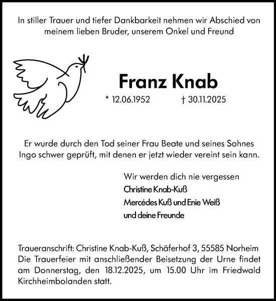 Traueranzeige von Franz Knab von Allgemeine Zeitung Alzey